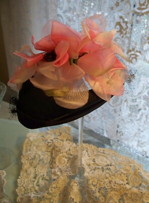 50s Cap -Ette Original Label inside.Vintage Tea Party Hat *Pink Posies*