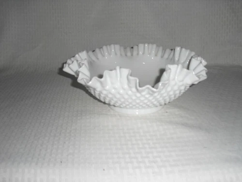 Vintage Fenton Milk Glass Hobnail 12” Footed Bowl Ruffled Edge Pre Owned USA