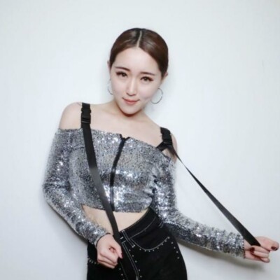 Women Sliver Sequins Off Shoulder Crop Tops Shirts Strap Dance