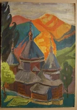 Ukrainian Soviet Oil Painting postimpressionism wood church architecture