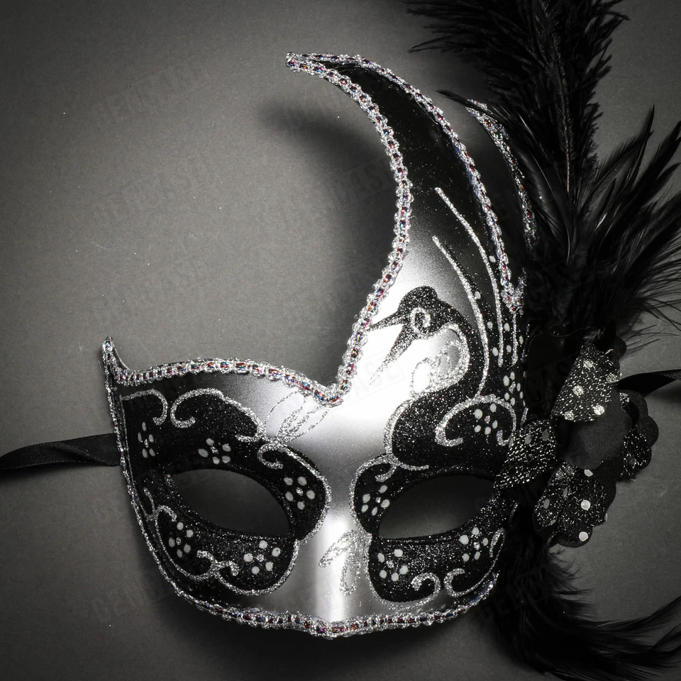 Silver Venetian Carnival Side Black Feather Masquerade Mask Mardi Gras Party - Image 4 of 4