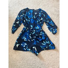 Yumi Kim 100 Silk Blue Floral Liz Belted Shorts Romper Size Medium