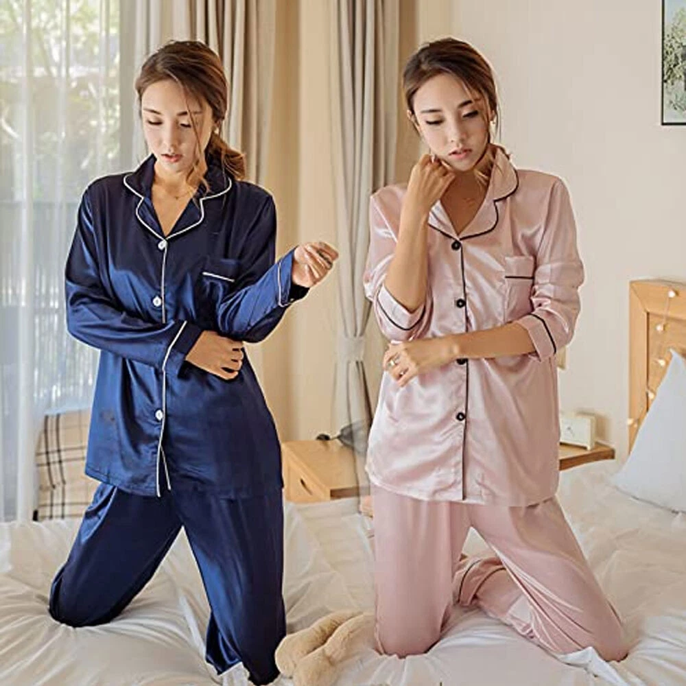 Womens Satin Pyjamas Ladies PJs Silk Long Sleeve Soft Sleepwear Nightwear Set UK
