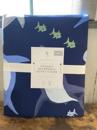 Pottery Barn Kids Shark Bite Organic Reversible TWIN Duvet Cover ONLY NWT