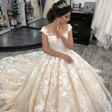 Luxury Wedding Dress Cap sleeves Scoop Neck Lace Appliques Classic Bridal Gowns