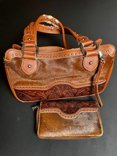 Trinity Ranch Western Floral Tooled Leather and Cowhide Purse and Wallet Set