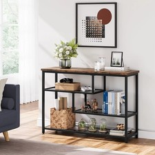 4 Tier Console Table • Narrow Entryway Sofa Table with Glass Shelf • Rustic Brow