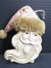 Holiday Time Santa Claus Face Head Christmas Ornament Glitter Tan Hat