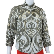 Chicos 1 Open Front Jacket Green Ikat Print Linen Blend Ruffle Trim Womens M