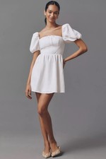 Reformation Malvina Linen Mini Dress White Ivory Puff Sleeve Square Neck 10 NWT