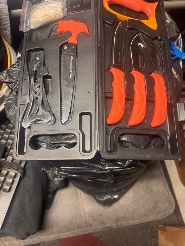 6pc Game Processing Knife Set 8in Stainless, Bone Saw, Hard Case Orange/Black
