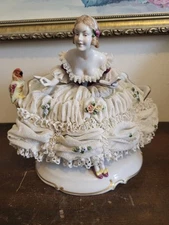 Unter Weissbach Germany Dresden Lace Porcelain Figurine Girl Bird 7.5"