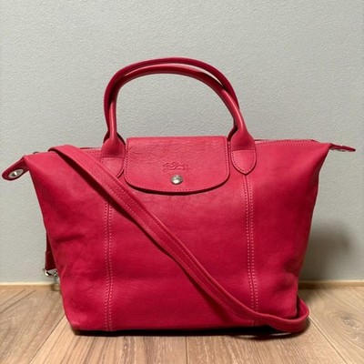Longchamp Le Pliage Cuir S Leather Handbag Pink 2WAY Vintage Y2K Rare