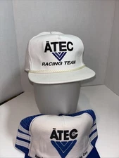 Vintage 80s Mesh Striped Trucker ATEC  Snap Back Hat Cap Blue USA + Racing