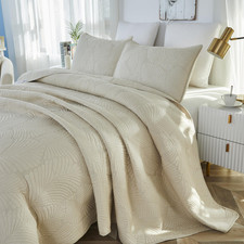 Brandream Beige Palm Stitch Quilt Set 100 Cotton King Size Luxury Embroidered
