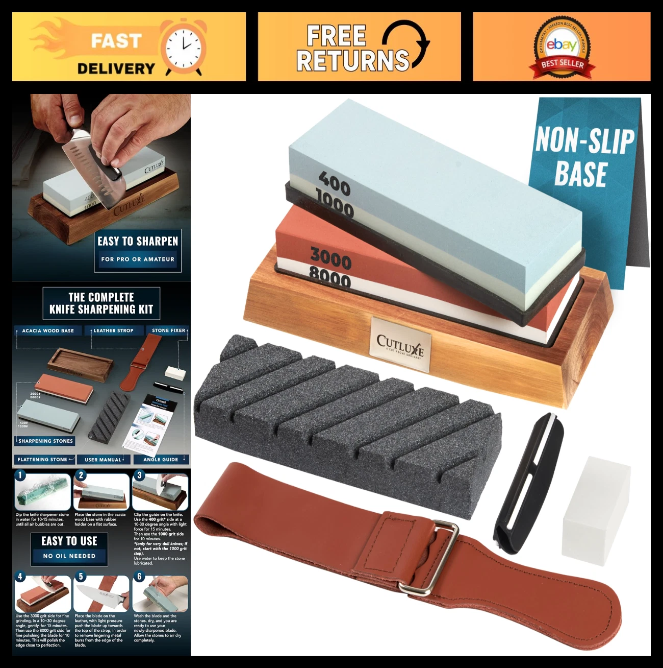 Professional Knife Sharpener Whetstone Kit - 4 Side Grit 400/1000/3000/8000, Non