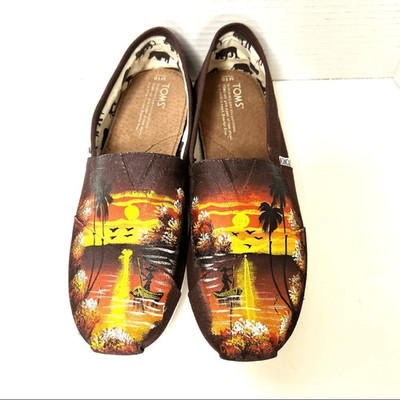 Toms Custom tropical Handpainted Black canvas size 10 | eBay