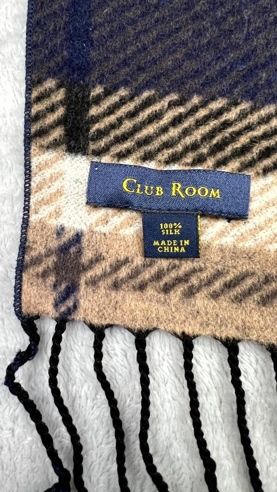 Bufanda de tartán a cuadros 100 % seda Club Room para hombre azul marino tostado flecos 60" x 12" Preppy Foto 3 de 4