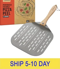 Chef Pomodoro Perforated Aluminum Metal Pizza Peel with Foldable Wood Handle for