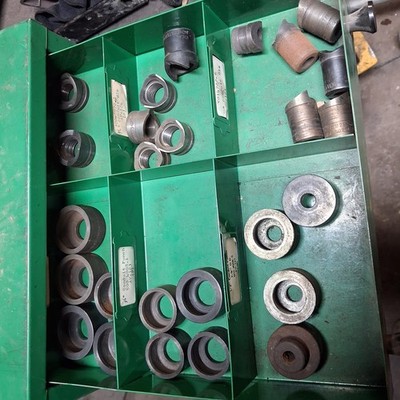 Greenlee tool box with multiple taps, dies, draw studs and misc, Acc 1/2-3''