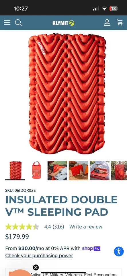 Almohadilla para dormir inflable doble V aislante Klymit, ligera, 74x47". Foto 4 de 4