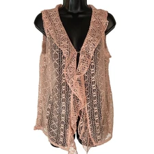 Frazzle Crochet Vest Open Front Sleeveless Ribbon Detail Pink Vest Size S