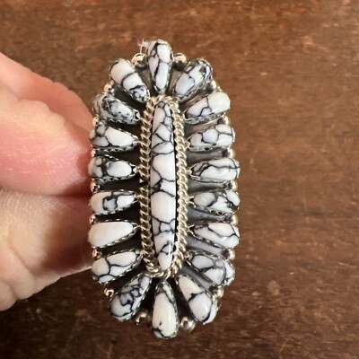 Native American Navajo White Buffalo Turquoise Ring Cluster Long Size 11 Zuni #C