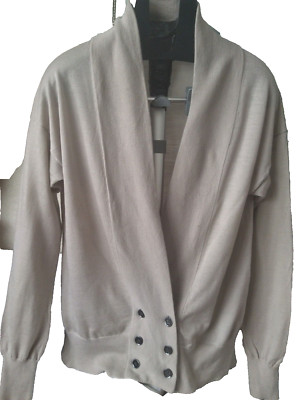 Reiss Strickjacke Damen großer Pullover beige 100% Merinowolle Knopf Arbeitskleidung lang S