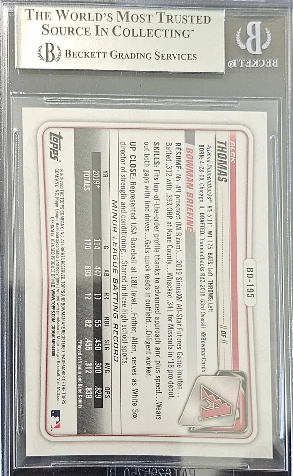 Alek Thomas Arizona Diamondbacks Signed 2020 Bowman Sky Blue RC Card Beckett - Image 2 of 3