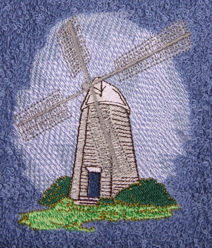 Embroidered Wooden Wind Mill on Medium Blue Bath Towel Set Wash Hand - Picture 2 of 2