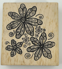 Magenta Flowers Swirl Artsy Daisy Wood Mounted Rubber Stamp