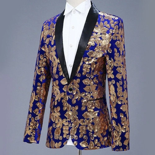 Men Sequin Shawl Lapel Suit Jacket Velvet Floral Blazer Wedding Prom Coat Tops - Picture 10 of 21