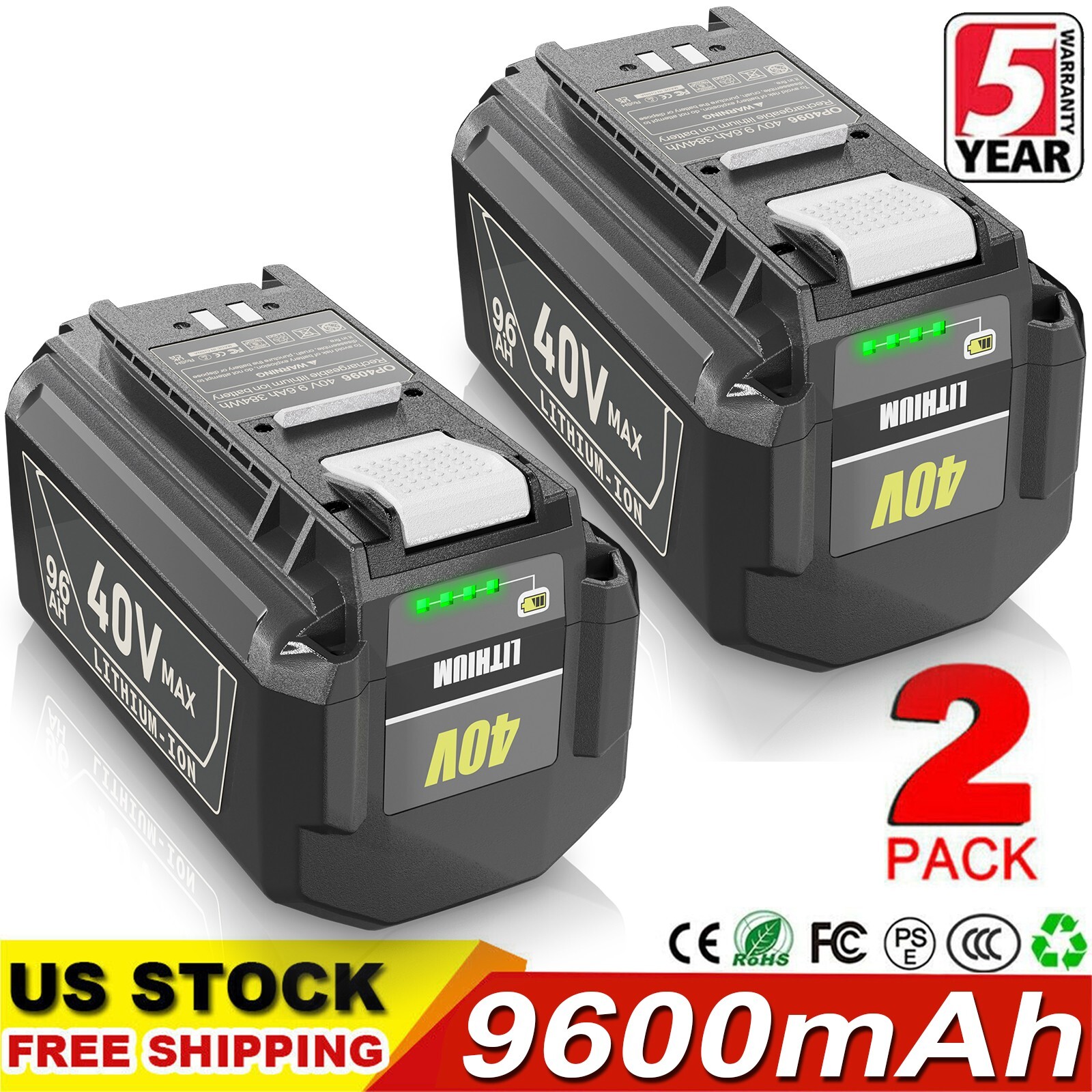 2 Pack For Ryobi 40V 9.6Ah Lithium-ion Battery 40V OP4080A OP4012A OP4060 OP4040
