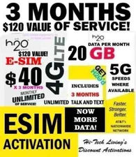 H2O H20 WIRELESS 💥 E-SIM ACTIVATION ⭐ w/ 3 MONTHS x $40 Plan ⭐ $120 VALUE!