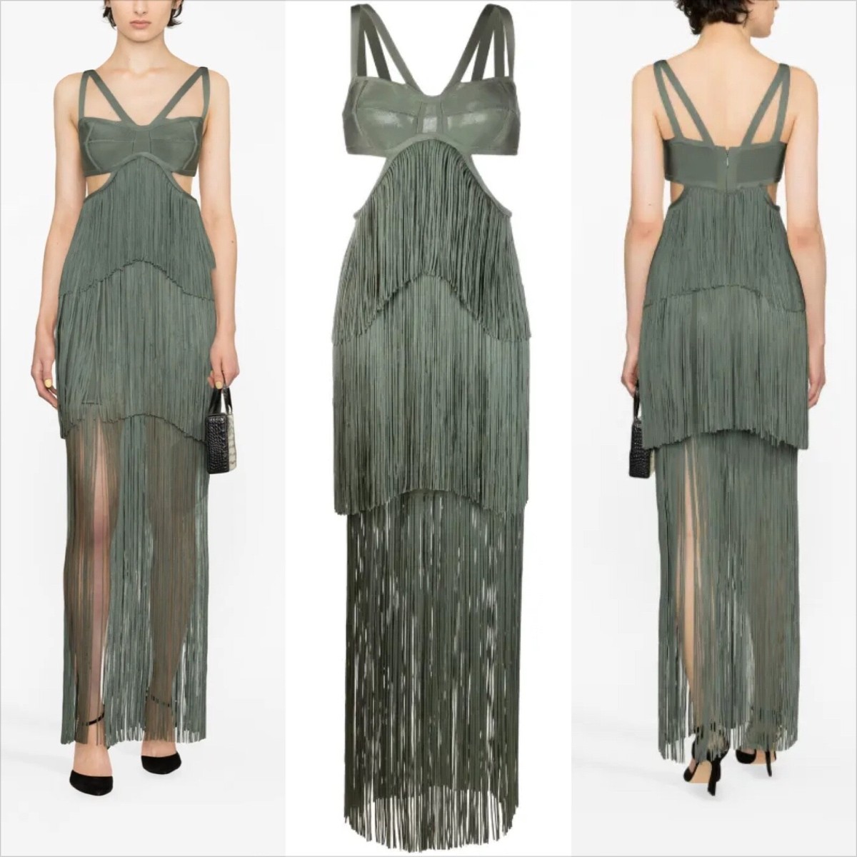 Herve lger strappy tiered fringe cutout maxi gown willow green Sz M $2,590