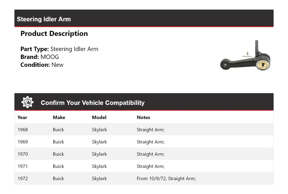 Brazo de rueda loca de dirección para Buick Skylark 1968-1972 MOOG 1968 1969 1970 1971 1972 Foto 2 de 4