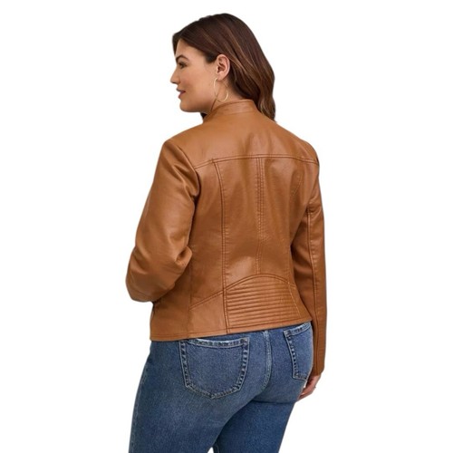 Torrid Faux Leather Collarless Moto Jacket 3X Zip Quilted Biker Cognac Tan Brown - Picture 2 of 14