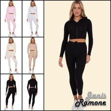 Womens Ribbed Tracksuit Hooded Long Sleeve Zip Crop Top Leggings Set 2Pcs Co-ord