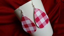 Red  White Buffalo Plaid Teardrop Faux Leather Lightweight Earrings 