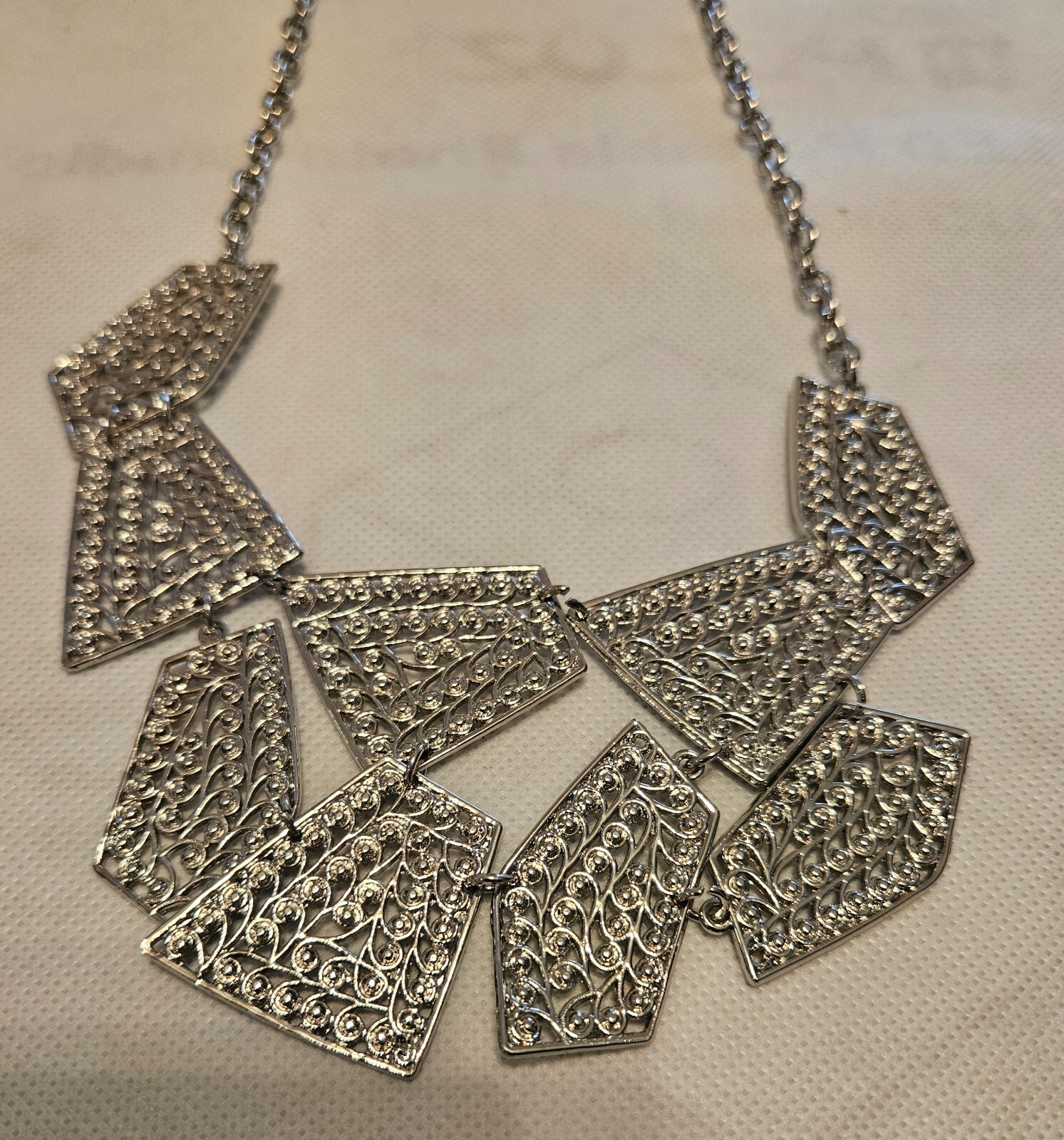 Statement Necklace Silver Geometric Filigree Part… - image 1