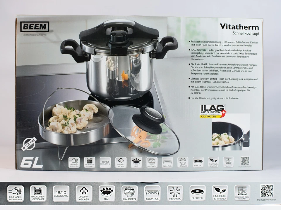 BEEM Vitatherm Schnellkochtopf Set 6 L– Edelstahl & Antihaft alle Herdarten