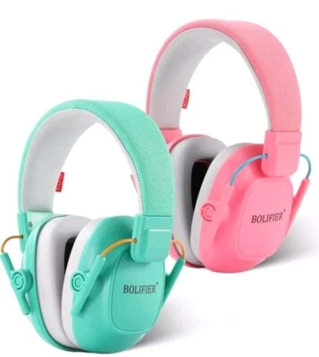 BOXED BOLIFIER AL20 KIDS EAR DEFENDERS x 2 PAIRS 1 PINK 1 GREEN WITH CARRY BAGS