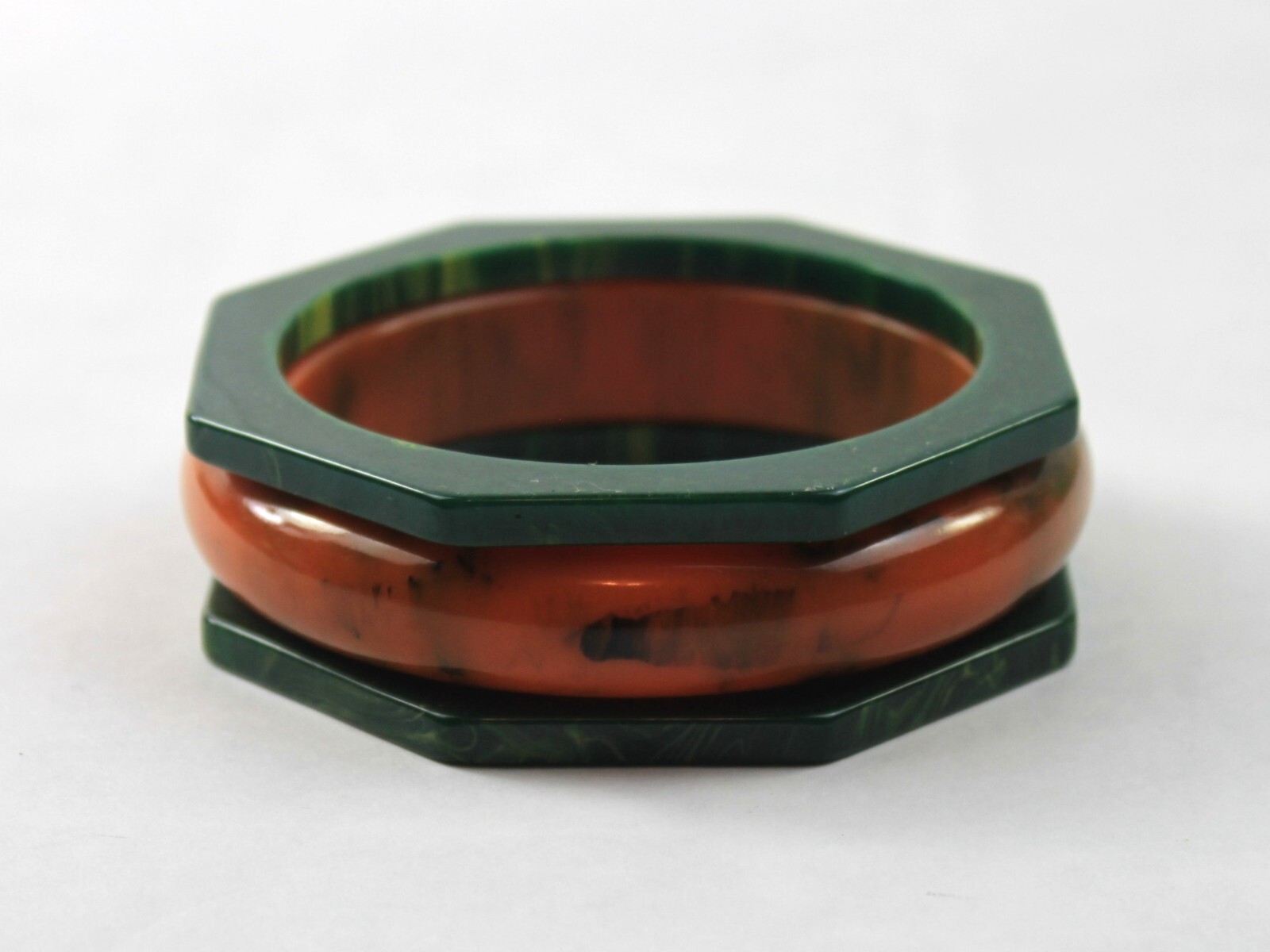 Bakelite Bangle Stack Set Green Yellow Octagon Or… - image 1
