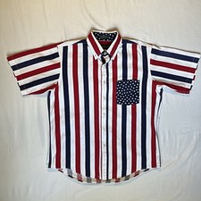 Vintage USA Made Flag Button Up Shirt Mens M Stars Stripes Pockets Single Needle