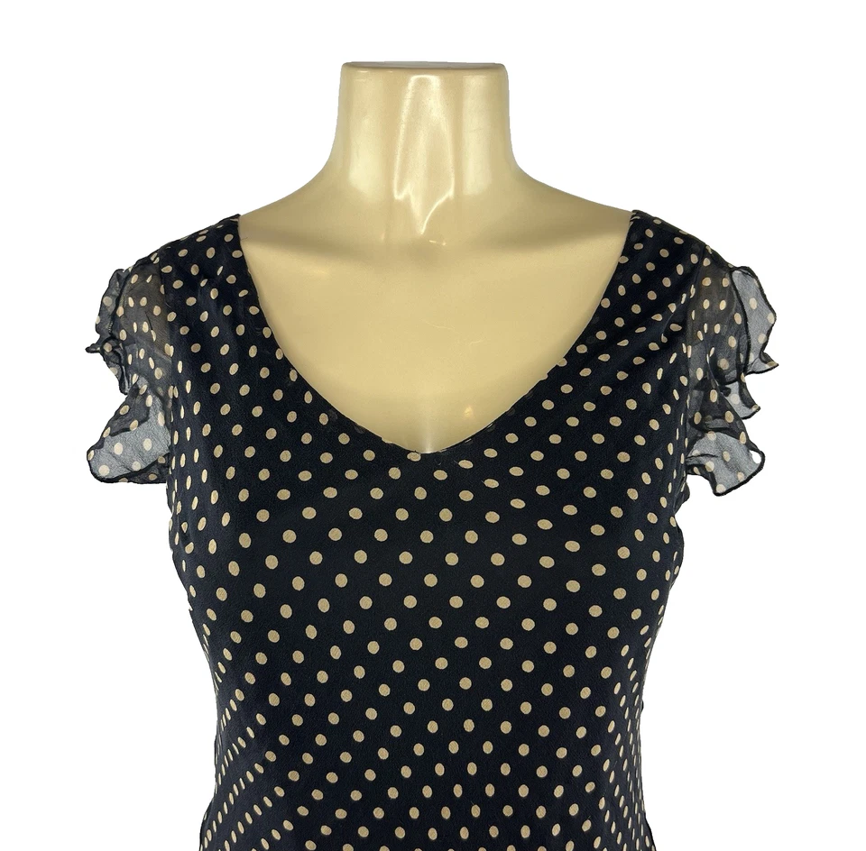 Y2K Polka Dot Dress Size 6 P Black Silk Slinky Asymmetric Coquette Whimsigoth - Image 2 of 4
