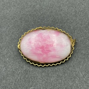 Antique Victorian Brooch Stone Pink White Oval C Clasp Gold Tone Bezel
