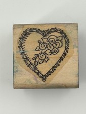 Wooden Heart Rubber Stamp Floral Lace Vintage Design
