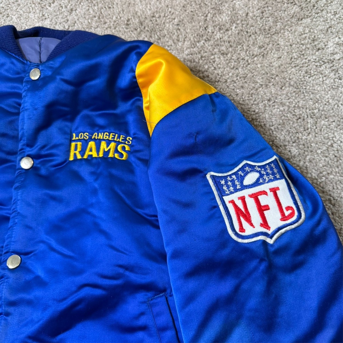 Vintage 80s 90s LA Rams Snap Bomber Jacket Blue Gold NFL Satin 