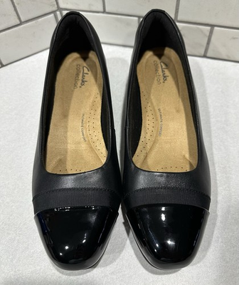 #ad Clarks Collection Black Leather Cap Toe Pumps Low Heel Women Size 9W $25.00