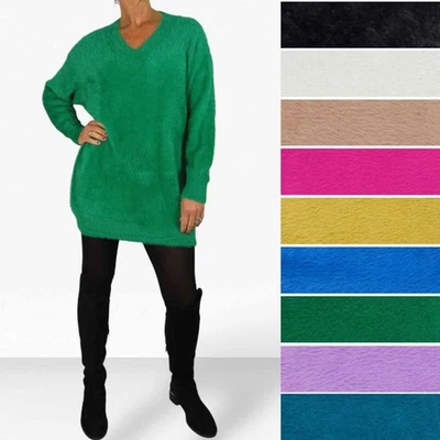 PAULO DUE Women's Long Sleeve V Neck Jumper Dress Knitted Soft Tunic Dress 10-18